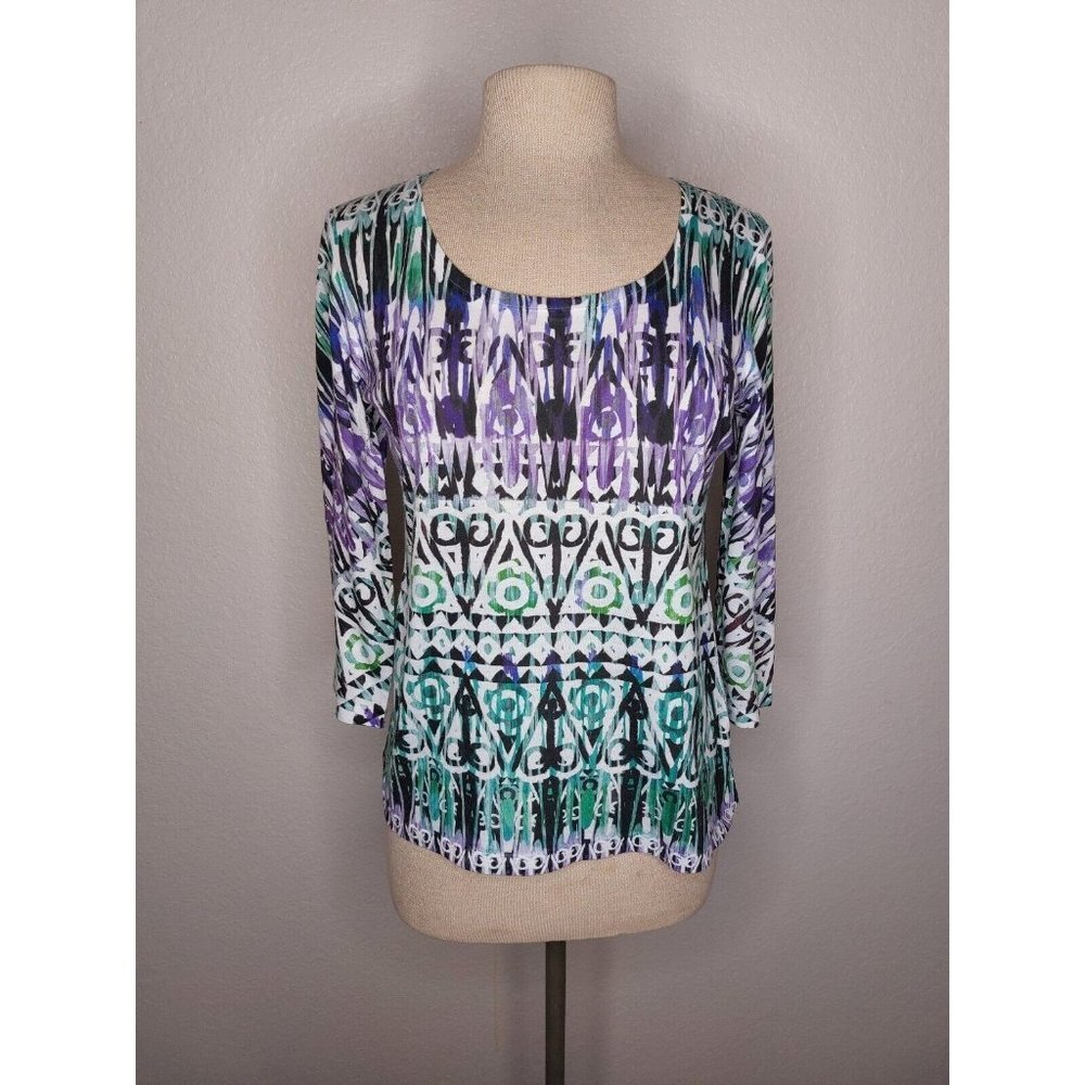 Chicos Womens Top Size 0 (4) 3/4 Sleeve White Purple Green Round Neck Pullover